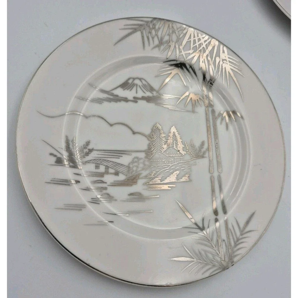 Antique Kutani Japanese China 2 Bread Plates, Mt Fuji Bamboo design 2 Saucers